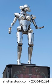 ENSCHEDE, NETHERLANDS - SEPTEMBER 02 2021: Giant female robot 'Metropolis' on the station square in Enschede, a Dutch city with creative technology, art, knowledge, innovation and music