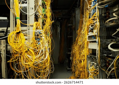 Entangled Network Cables Within Busy Server Room