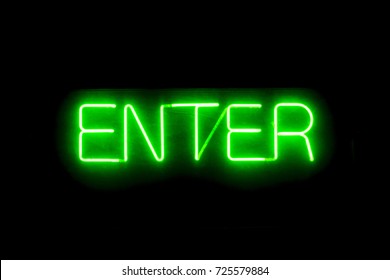 Enter Neon Illuminated Sign On The Garage Entrance