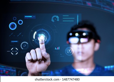 Enter Virtual Reality World With VR Glasses. Future Technology Magic Equipment. Mixed Reality Interfaces In Augmented Reality World