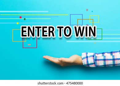 Enter To Win Concept With Hand On Blue Background