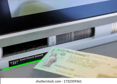 Entering Stimulus Deposit Check To Banking Using On ATM On Machine Transfer