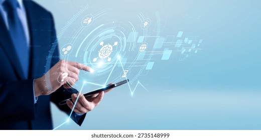 Enterprise professional using the tablet and analyzing business integration data. system synchronization strategy, digital workflow alignment, cross platform operations, enterprise tech management