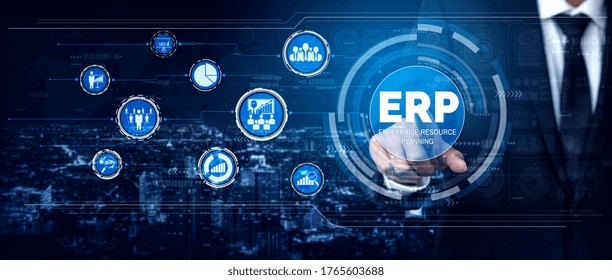 Enterprise Resource Management ERP Software System For Business Resources Plan Presented In Modern Graphic Interface Showing Future Technology To Manage Company Enterprise Resource.