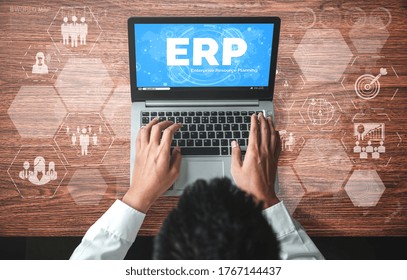 Enterprise Resource Management ERP Software System For Business Resources Plan Presented In Modern Graphic Interface Showing Future Technology To Manage Company Enterprise Resource.