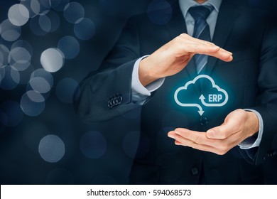 Enterprise resource planning ERP as cloud service concept. Businessman offer ERP business management software as cloud computing service.
