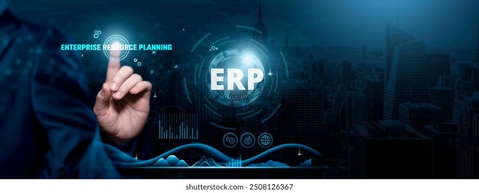 Enterprise Resource Planning (ERP), Integrated Solutions, Streamlined Operations, Businessman touch ERP-related text on the global network cyberspace, technology, and innovation concept.