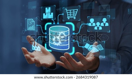 Enterprise resource planning ERP system. Real-time project management and data integration. Businessperson holding database icon.