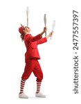 Entertainer in a red suit holding juggling club on nose isolated on white background