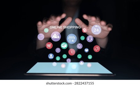 Enthralling image of hands reaching towards virtual icons representing online shopping on a tablet, showcasing the evolution of consumer experiences and digital commerce.