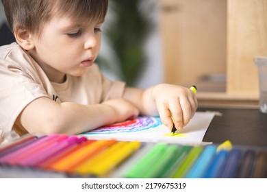 Enthusiastic Male Kid Drawing Multicolor Rainbow Stock Photo 2179675319 ...