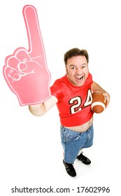 Enthusiastic Middle Aged Football Fan Holding A Football And Wearing A Foam Finger.  Full Body Isolated On White.