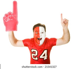 Enthusiastic Sports Fan With Foam Finger Raises His Arms In The Number One Gesture.  Isolated On Whit.