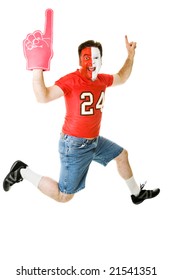 Enthusiastic Sports Fan Jumping For Joy Over His Team's Success.  Full Body Isolated On White.