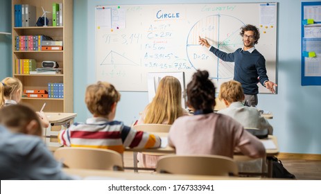 Enthusiastic Teacher Explains Lessons and Asks Questions from a Classroom Full of Bright Diverse Children. In Elementary School Group of Smart Multiethnic Kids Learning Science and Creative Thinking - Powered by Shutterstock