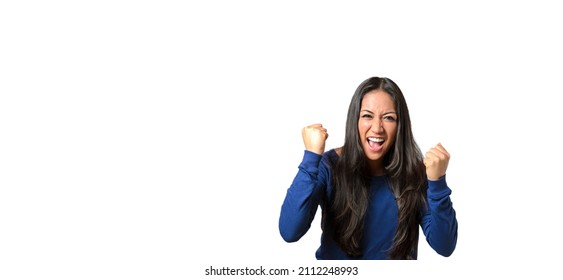 Enthusiastic Young Woman Throwing A Temper Tantrum Balling Her Fists And Yelling At The Camera Over White With Copyspace