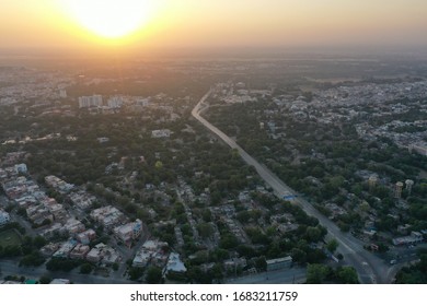 Entire City Lock Down Due To Corona Virus Outbreak, Empty Streets Roads,emergency Situation. Lock Down Curfew, Aerial Drone View Of City. Covid-19 Outbreaks In India.