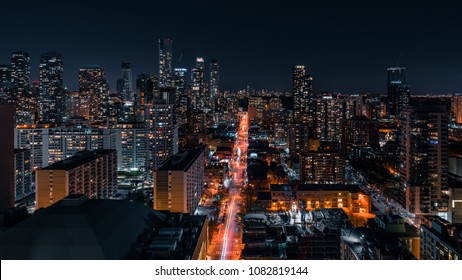 Entire Futuristic City Skyline View Of The Yorkville Neighbourhood In North Toronto Canada. Modern Buildings, Urban Architecture, Cars Travelling. Construction And Development.