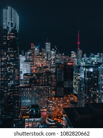 Entire Futuristic City Skyline View Of Downtown Toronto Canada. Modern Buildings, Urban Architecture, Cars Travelling. Construction And Development In A Busy City.