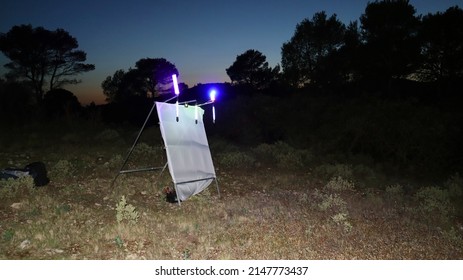 Entomology. Entomologist equipment. UV lamps. Catching night moths on light. Mountains of Spain.