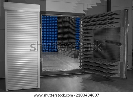 Entrance to the anechoic shielded chamber. Chamber with soundproof walls. A chamber for scientific experiments.
