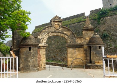Entrance arch or front gate of Diu Fort. It is a sixteenth century fort which is a popular tourist attraction of Diu, India. vintage fort or Bastion of Diu Fort. built by Portuguese, located in Diu.