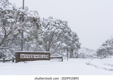 The Entrance Area To Dinner Plain In Victoria, Australia With A Stone Sign In Snowy Winter