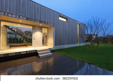 Entrance Of A Beautiful Modern House, Night Scene