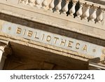 Entrance to the Bibliotheca (National Library), the legal deposit library and archives on Republic Square in downtown Valletta, Malta