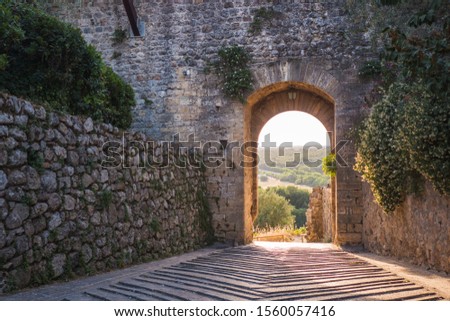 The entrance to a castle's wall in Monteriggioni, Siena, in Italy. The arch door, and the panoramic view of the Tuscany in background. 
