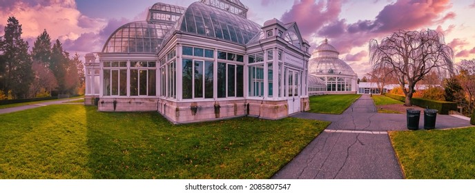 Entrance to Enid A. Haupt Conservatory building, NYBG, Autumn, Greenhouse, The New York Botanical Garden is a botanical garden at Bronx Park, Panorama Wide-angle 2900 Southern Blvd, NY .12.01.2021