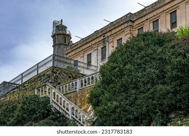 Entrance to the federal prison of Alcatraz Island in the middle of the bay of San Francisco, California, USA. Very famous prison that has appeared several times in movies. Jail Concept.