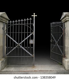 Entrance Of A Graveyard With A Open Wrought-iron Gate In Dark Gradient Back