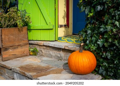 The entrance to a heritage home with a blue wood and glass door and a green wooden shutter door. The exterior wall is red with yellow trim. There's lush ivy growing up the red wood wall of the house. - Powered by Shutterstock