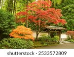 The entrance to a Japanese garden in the autumn season in Portland Oregon