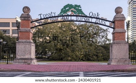  Entrance to Jessie Ball DuPont Park featuring the Treaty Oak in Jacksonville, Florida.