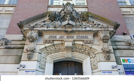 Entrance To John Jay High School On 7th Ave In Park Slope Of Brooklyn, New York.  Apr 10th, 2019.