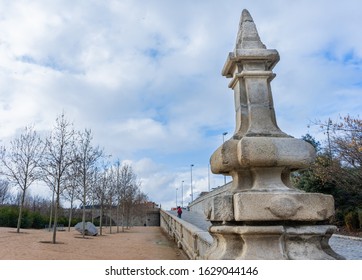 Entrance To Madrid Río Park, Under The Toledo Bridge On A Cloudy Day, Horizontal Image, Travel Concept