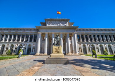 Entrance Of The Museo Del Prado (The Prado Museum), Statue Of Diego Rodríguez De Silva Y Velázquez, Spanish Painter, Madrid, Spain.