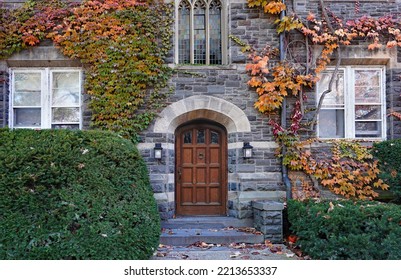 Entrance To Old Ivy Covered Gothic Stone College Building