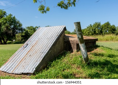 Entrance To An Old Storm Cellar Or Tornado Shelter In Rural Oklahoma.