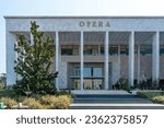 Entrance to the Palace of Culture or Opera at Skanderbeg Square in Tirana. Albania