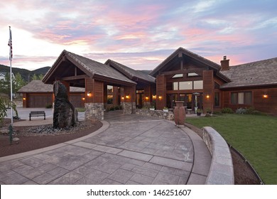 Entrance to a ranch home exterior at dusk