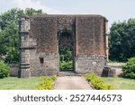 entrance ruins of "qutub shahi mosque" established by the heir of "nur qutb-ul-alam" in 1583 ad, at pandua, maldah, west bengal, india