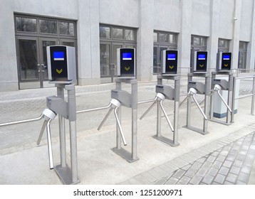 Entrance Security Railing Gate To Sports Stadium Or Arena, Concert Venue Or Subway Underground Station                               