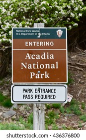 Entrance Sign To Acadia National Park At Bar Island, Maine.