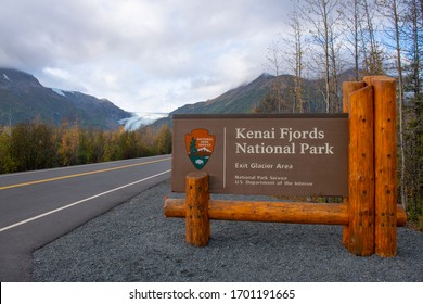 Entrance sign near Exit Glacier in Kenai Fjords National Park in Sep. 2019 near Seward, Alaska AK, USA.