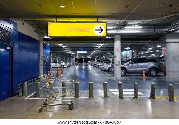 Entrance Signboard Direction Arrow Cart Foreground Stock Photo