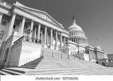 Entrance staircase to the House of Representatives Chamber at the United States Capitol building in Washington DC, USA in bleak black and white