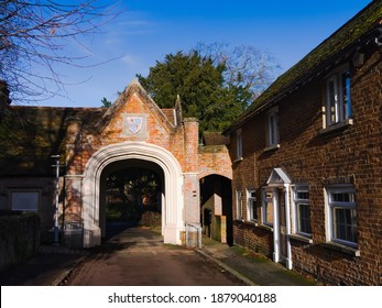 The entrance to Sutton Court in Tring, Hertfordshire, England, on a sunny winters day.